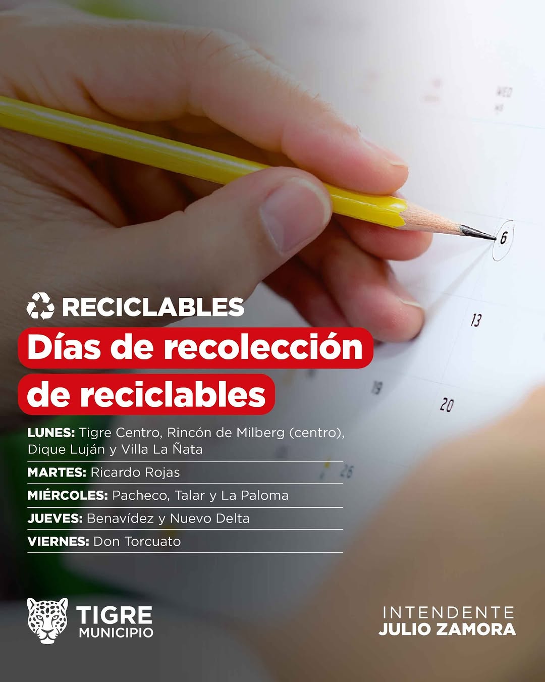 Informamos a la comunidad los días de recolección diferenciada de reciclables del programa Reciclá Tigre. Los mismos deb...