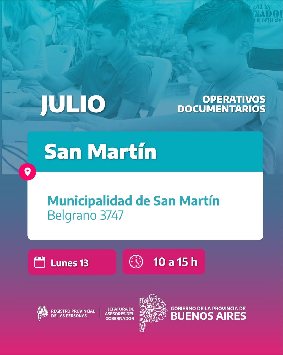 📢🪪¡Vuelven los operativos de documentación!

Podés tramitar o actualizar tu DNI, solicitar partidas, certificados de d...