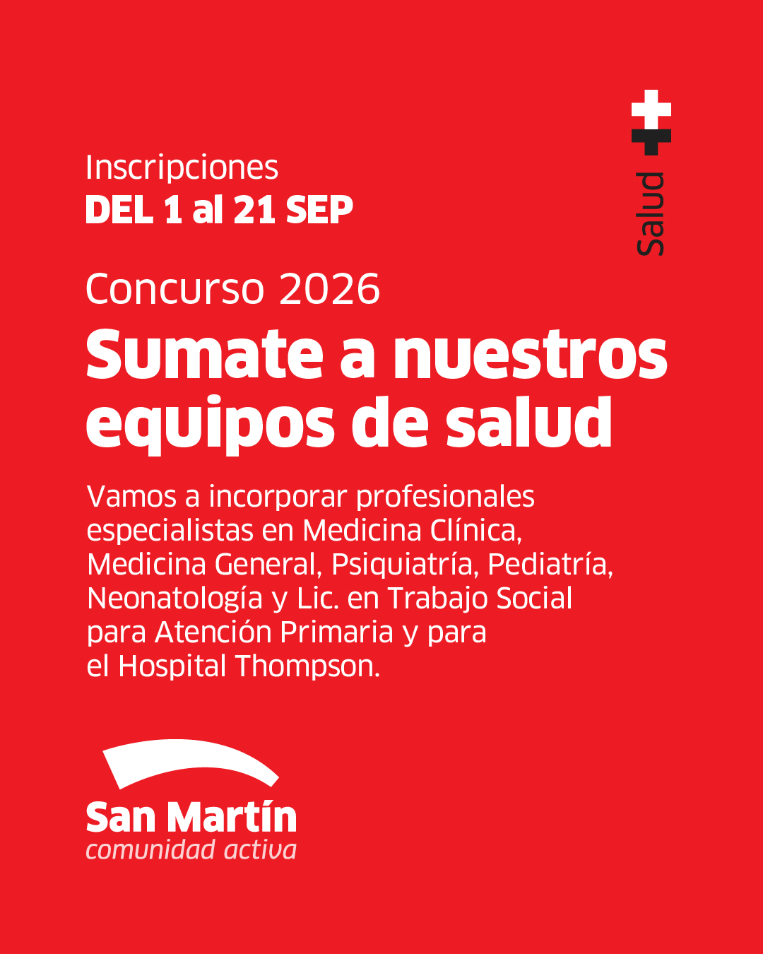🏥❤️¡Ampliamos nuestros equipos de salud!

Vamos a incorporar profesionales especialistas en Medicina Clínica, General, ...
